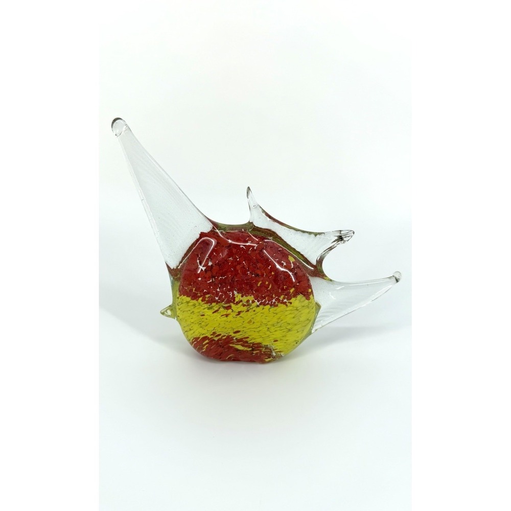 Art Glass Hand Blown Fish Figurine Red Yellow Clear Glossy Decorative 6x9in